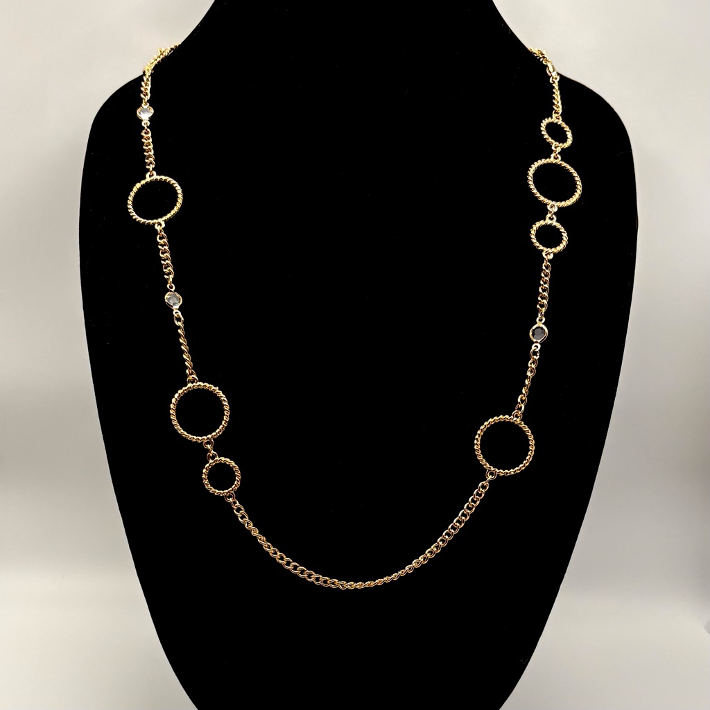 Christian Siriano Gold Tone Circle Link Long Necklace With Four Clear Crystals 19$